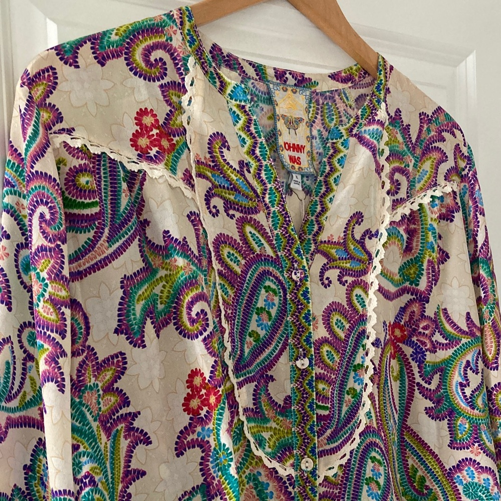 Johnny Was XL Noellie 100% silk Multicolor Paisley Blouse Long Sleeves - Picture 2 of 14